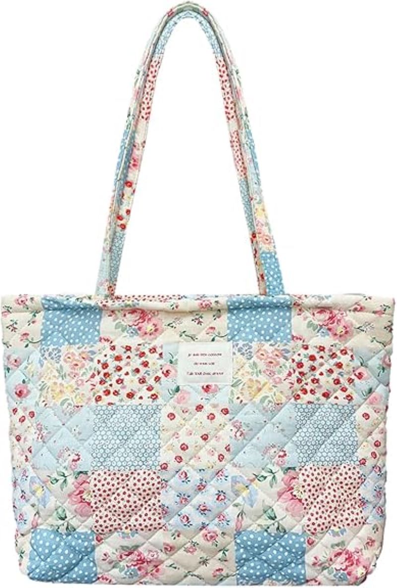 Small Floral Quilted Tote Bag with Zipper, Lightweight Women’s Handbag