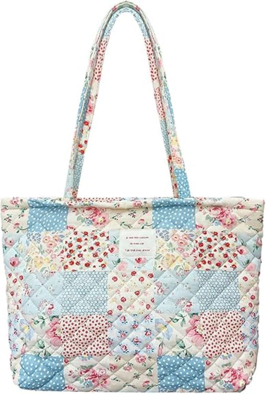 Small Floral Quilted Tote Bag with Zipper, Lightweight Women’s Handbag