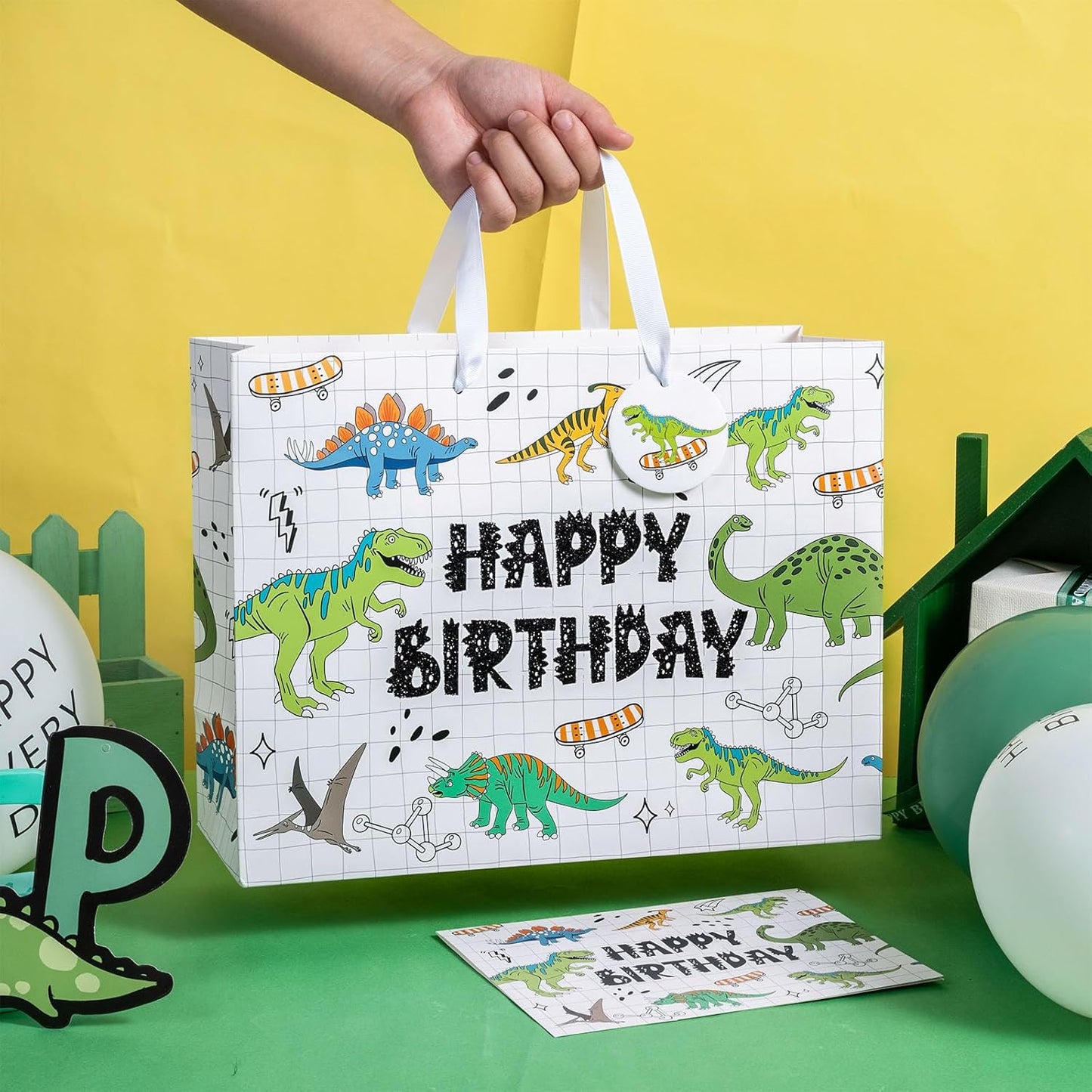 Colorful Birthday Gift Bag with Balloons, Tissue, Card & Tag