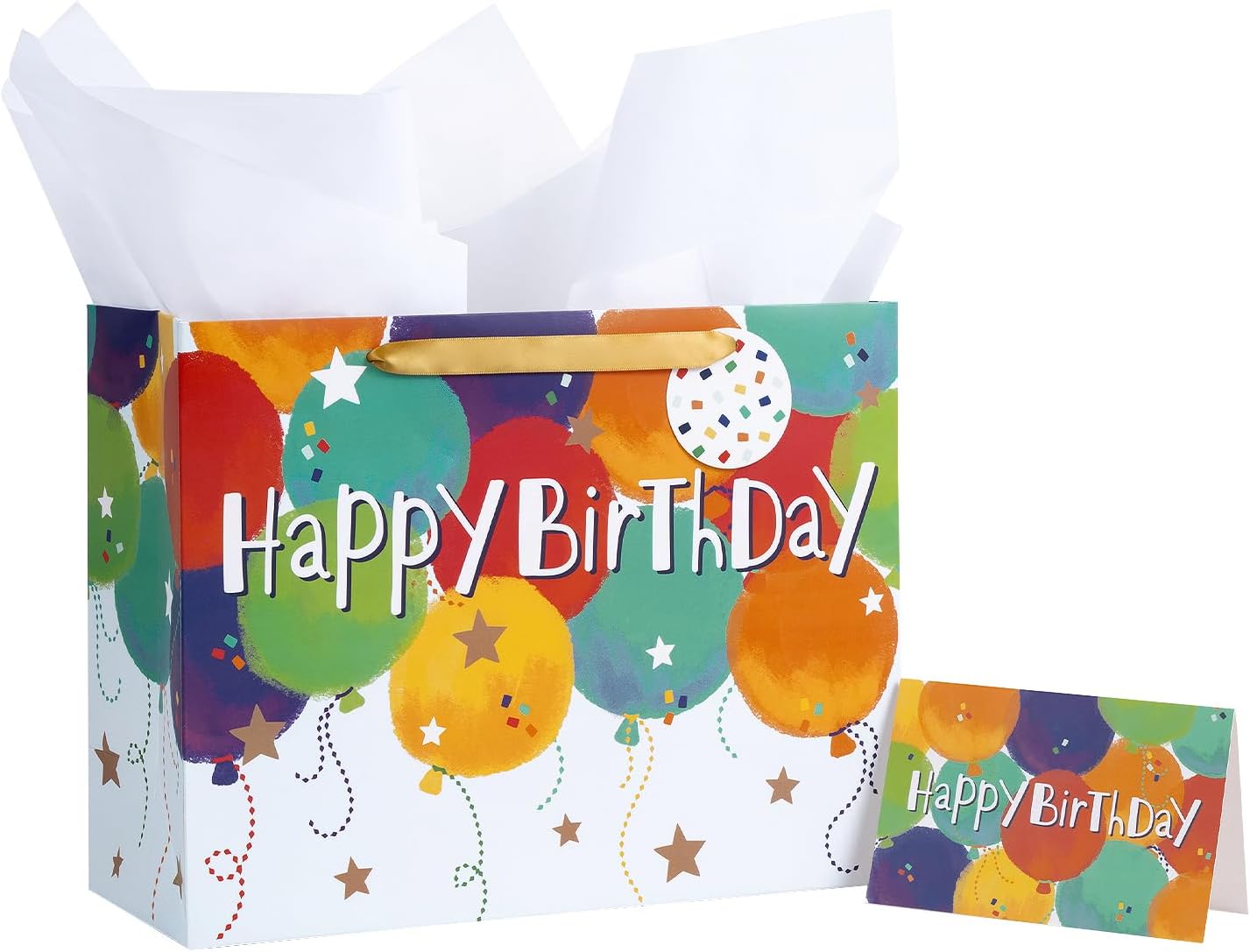 Colorful Birthday Gift Bag with Balloons, Tissue, Card & Tag