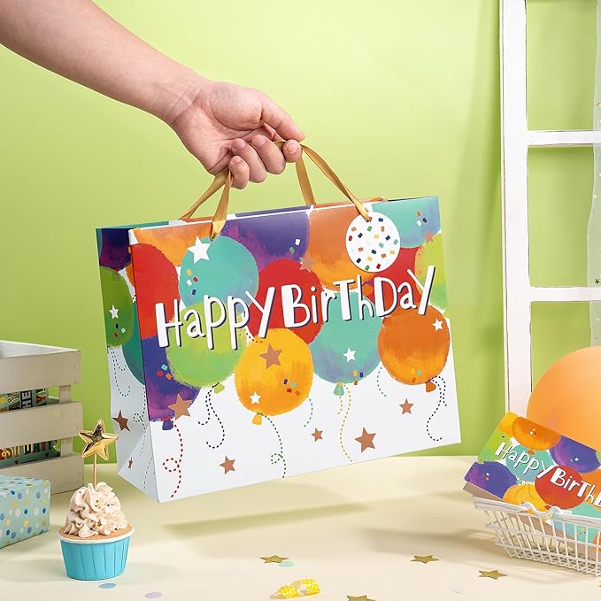 Colorful Birthday Gift Bag with Balloons, Tissue, Card & Tag