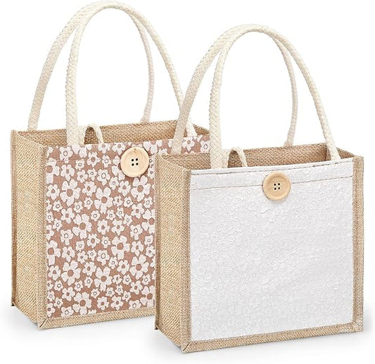 Women Tote Bag, 2Pcs Jute Casual Tote Handbag Embroidered Bento Bag