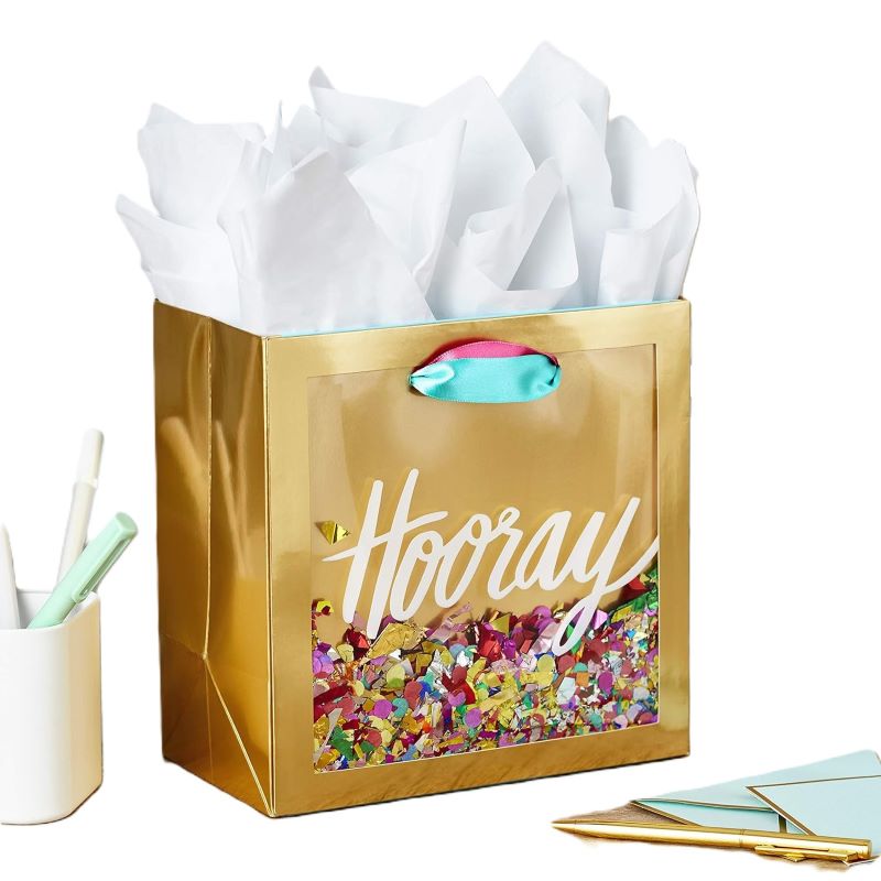 Signature 7" Medium Gift Bag – Hooray Gold with Pink, Teal and Confetti