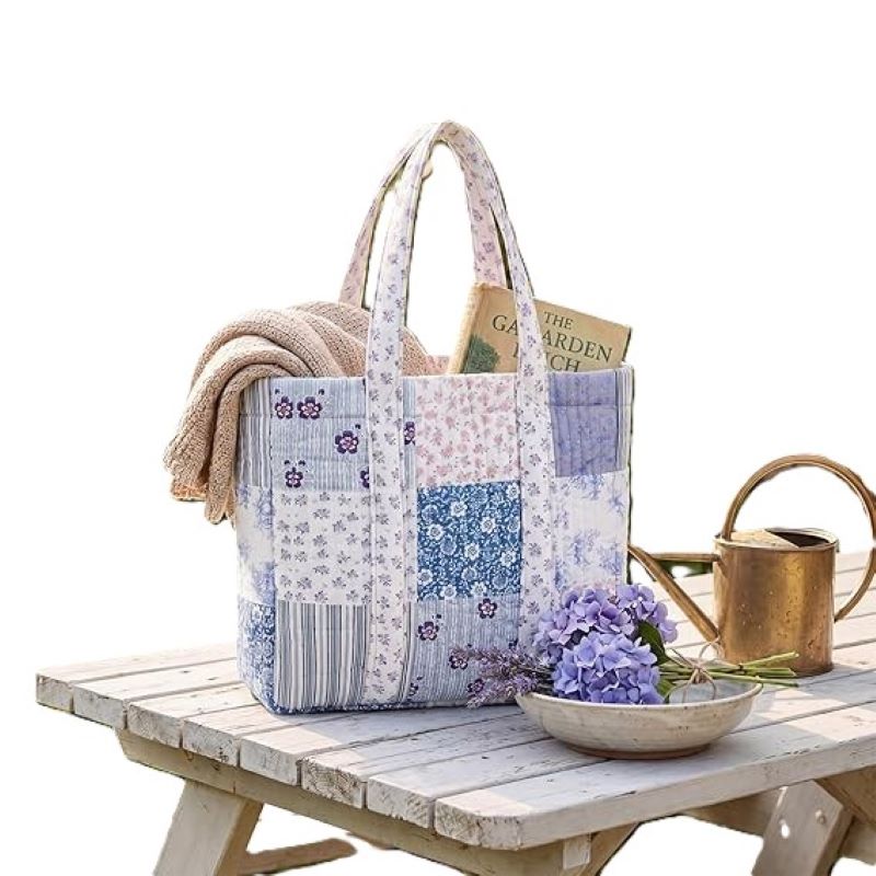 Quilted Patchwork Tote Bag Blue Floral Cotton Vintage Everyday Carry