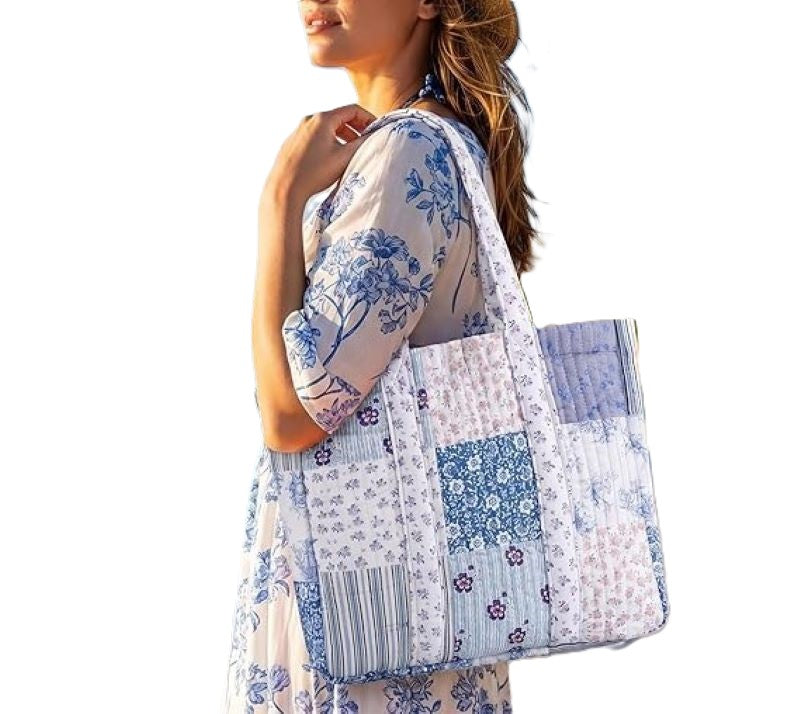 Quilted Patchwork Tote Bag Blue Floral Cotton Vintage Everyday Carry