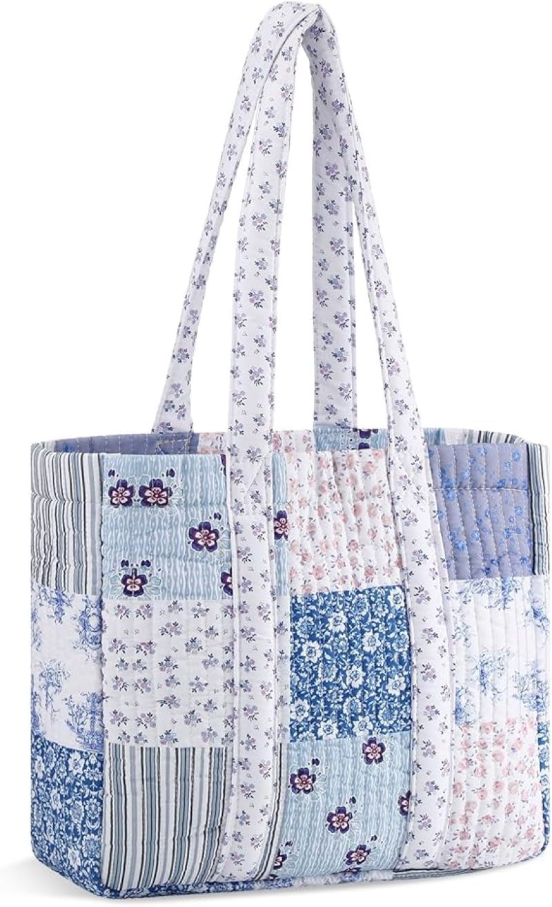 Quilted Patchwork Tote Bag Blue Floral Cotton Vintage Everyday Carry