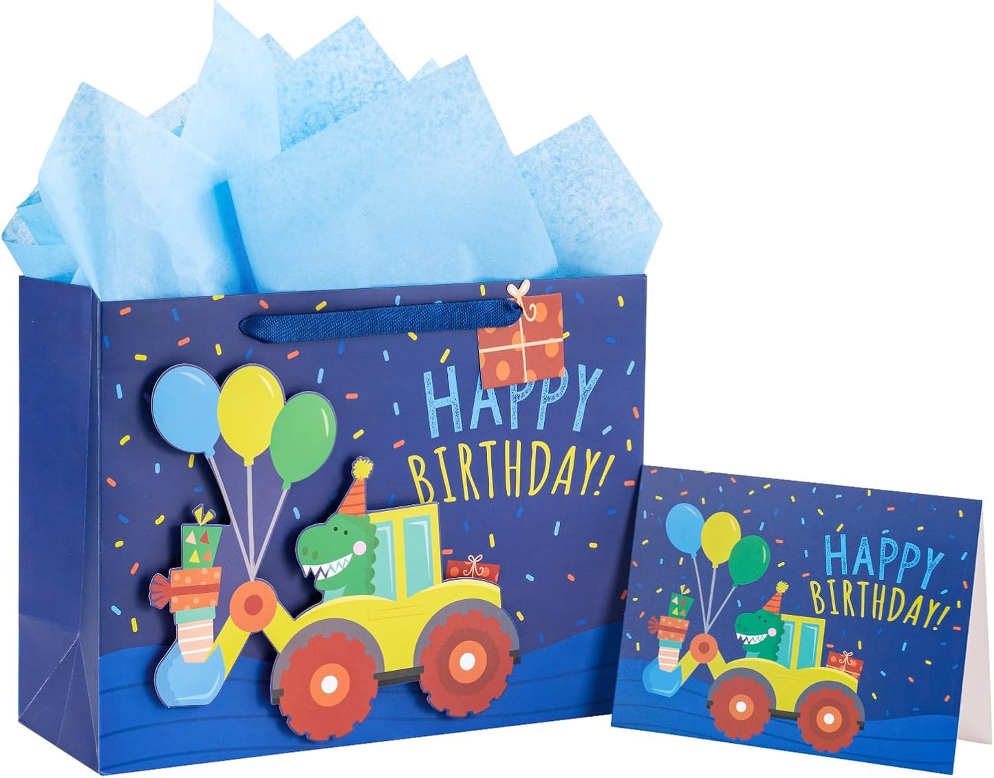Colorful Birthday Gift Bag with Balloons, Tissue, Card & Tag