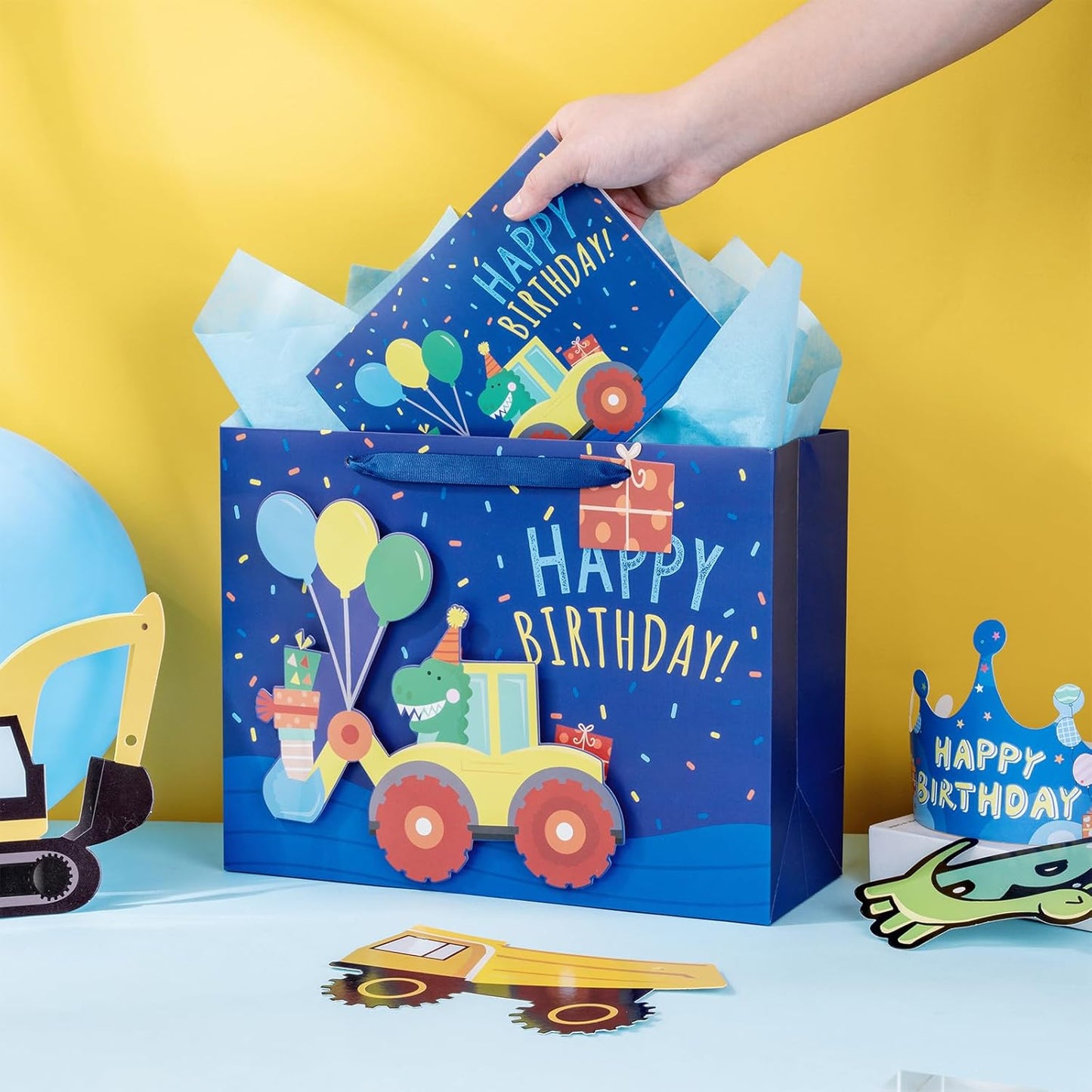 Colorful Birthday Gift Bag with Balloons, Tissue, Card & Tag